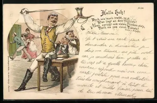 Lithographie Holla heh!, Student mit Trinkhorn und Schläger, studentische Szene