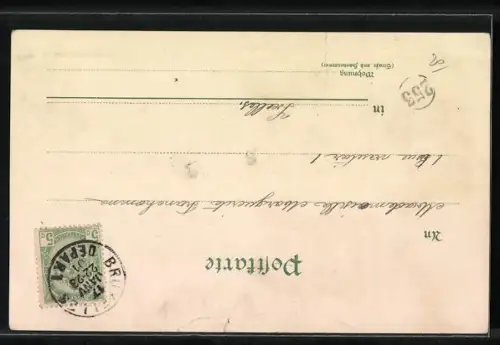 Lithographie Holla heh!, Student mit Trinkhorn und Schläger, studentische Szene