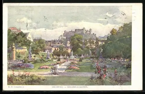 Künstler-AK Edward Theodore Compton: Salzburg, Mirabellgarten, Familie bei einem Spaziergang durch den Garten