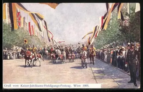 Künstler-AK Kaiser-Jubiläums-Huldigungs-Festzug, Wien 1908