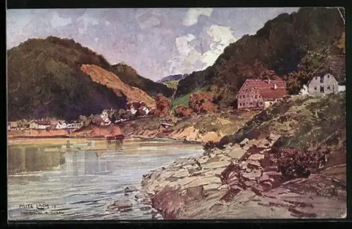 Künstler-AK Fritz Lach: Obermühl a. Donau, Blick auf den Ort
