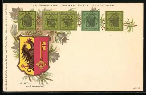 Lithographie Les Premiers Timbres Poste de la Suisse, Die ersten Briefmarken der Schweizer Post, Wappen Kanton Genf