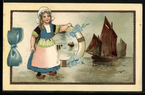 Lithographie Kleiner Niederländerin vor dem Meer mit Segelboot