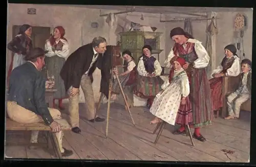 Künstler-AK Fotograf möchte Mädchen in tschechischer Tracht fotografieren, Fotoapparat