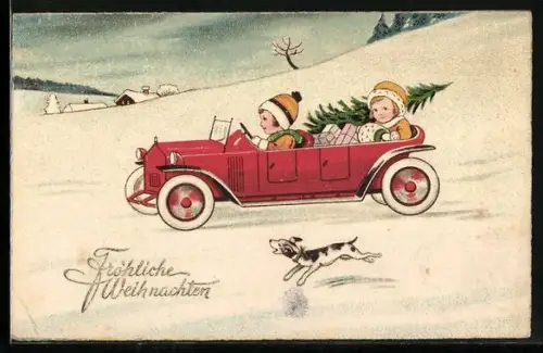 AK Kinderpaar im Auto mit Geschenken im Winter, Weihnachtsgruss