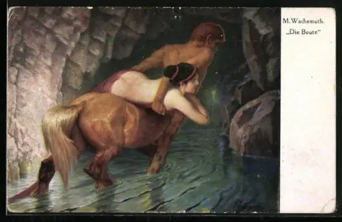 Künstler-AK Die Beute, Zentaur schleppt Frau auf seinem Rücken, Erotik