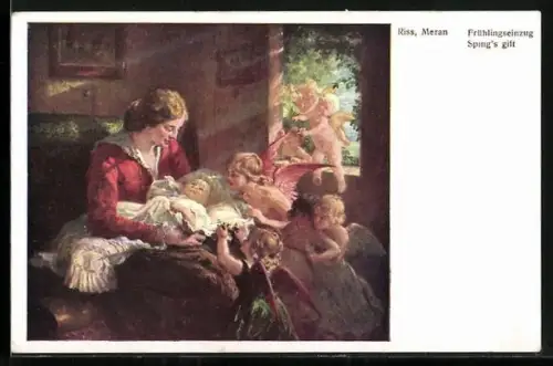 Künstler-AK Thomas Riss: Familienglück, Mutter mit Babies