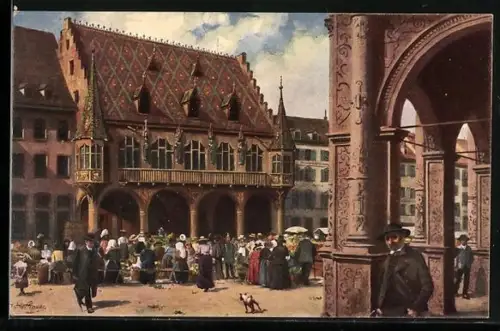 Künstler-AK H. Hoffmann: Freiburg, belebter Münsterplatz mit Kaufhaus