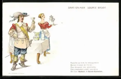 AK Saint-Galmier - Source Bardoit, Mineralwasser-Reklame, Edelmann und Schankmaid