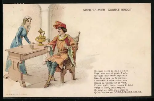 Lithographie Reklame Saint-Galmier Source Badoit, Burgherr und seine Frau im Gespräch