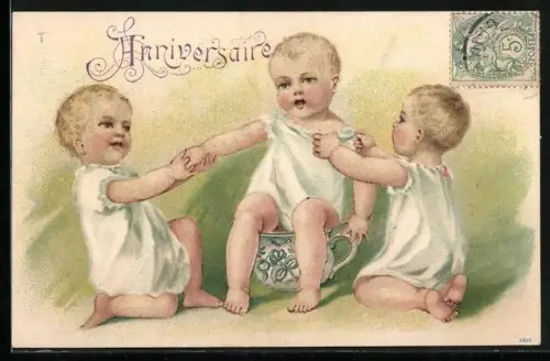 Lithographie Gefährten ziehen an einem Kleinkind auf dem Töpchen