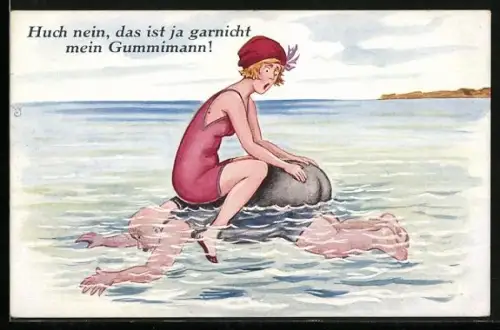 Künstler-AK Junge Frau im Badeanzug schwimmt auf einem dicken Mann