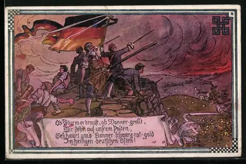 Künstler-AK Österreich-Ungarn, Soldaten im Gefecht auf ihrem Posten