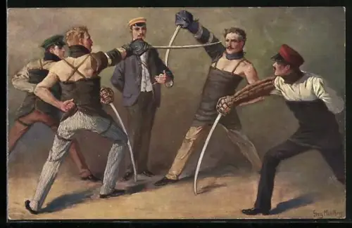 Künstler-AK Georg Mühlberg: Säbelmensur, Burschenschaft, Studenten