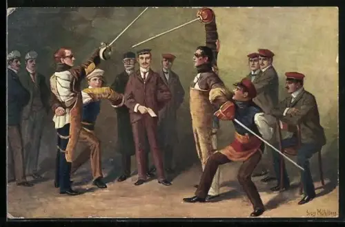 Künstler-AK Georg Mühlberg: Studentenleben, Auf die Mensur, Fechten, Burschenschaftler