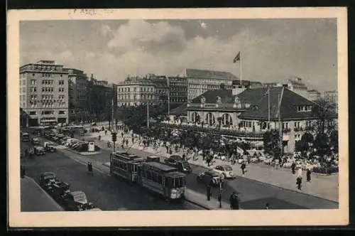 AK Hamburg, Jungfernstieg mit Alsterpavillon, Strassenbahn