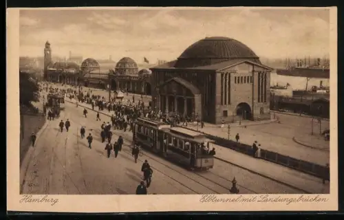 AK Hamburg, Elbtunnel mit Landungsbrücken, Strassenbahn