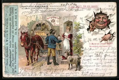 Lithographie Barmen, Mann durch zerrissenes Papier, Reklame für Apotheker A. Wurms Magendoctor