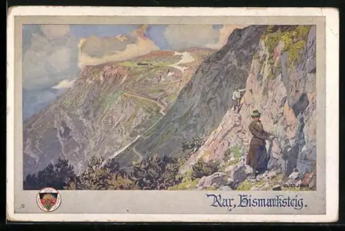 AK Deutscher Schulverein NR. 520: Gust. Jahn: Rax, Bismarcksteig, Bergwanderer am Steilhang