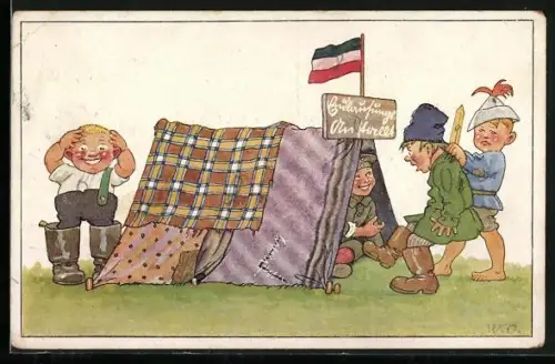 Künstler-AK Kinder als Soldaten am Zelt aus Decken, Kinder Kriegspropaganda