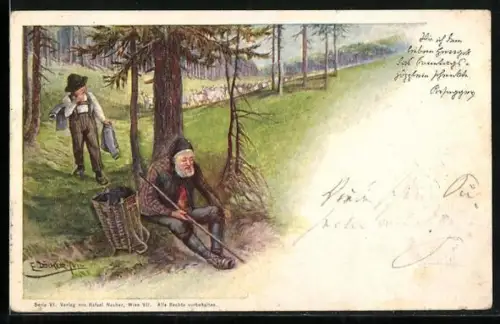 Künstler-AK E. Döcker: kleiner Schafhirte begegnet einem Wanderer im Wald