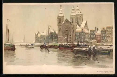 Künstler-AK H. Cassiers: Amsterdam, Wasserpartie im Schnee, Boote