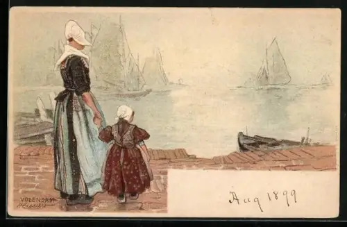 Künstler-AK H. Cassiers: Volendam, Mutter und Tochter in niederländischer Tracht sehen einem Segelboot hinterher