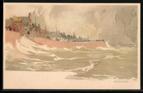 Künstler-AK Henri Cassiers: Middelkerke, Brandungswellen am Quai