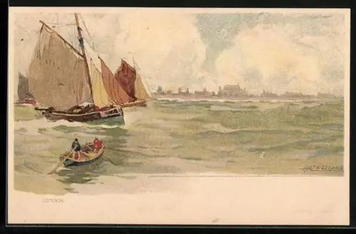 Künstler-Lithographie Henri Cassiers: Ostende, Blick zum Ort, Segelboot, Ruderboot