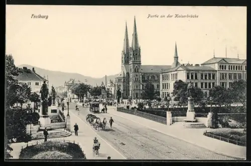 AK Freiburg i. B., Partie a. d. Kaiserbrücke mit Strassenbahn