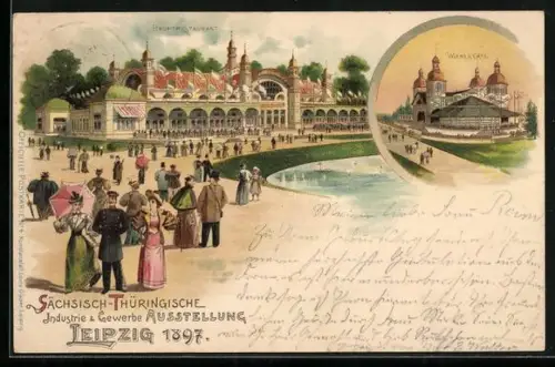 Lithographie Sächsisch-Thüringische Industrie- u. Gewerbeausstellung, Leipzig 1897, Hauptrestaurant, Wiener Café