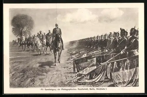 Künstler-AK Berlin, die erbeuteten Fahnen werden vor Kaiser Wilhelm I. auf dem Tempelhofer Feld gesenkt