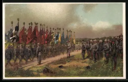 Künstler-AK Fahnenparade in den Argonnen, Kronprinz Wilhelm von Preussen