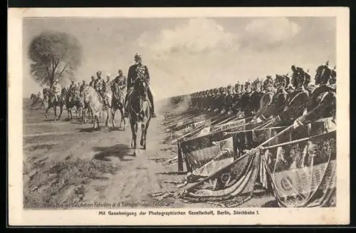 Künstler-AK Berlin, die erbeuteten Fahnen werden vor Kaiser Wilhelm I. auf dem Tempelhofer Feld gesenkt