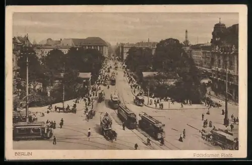 AK Berlin-Tiergarten, Potsdamer Platz mit Leipziger Strasse und Strassenbahnen