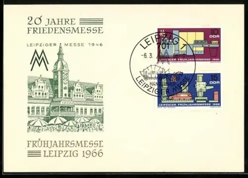 AK Leipzig, Leipziger Frühjahrsmesse 1966 / 20 Jahre Friedensmesse, Turmgebäude, Briefmarken, Logo