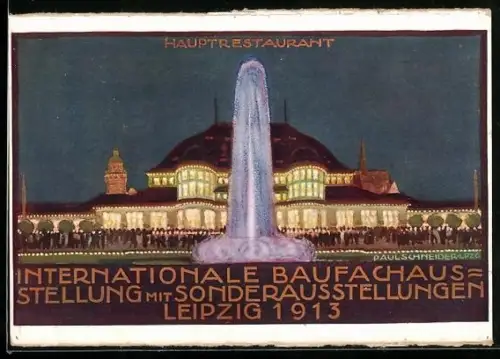 Künstler-AK Leipzig, Internationale Baufachausstellung 1913, Hauptrestaurant