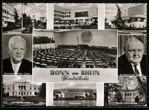 AK Bonn, Bundeshaus, Portrait Bundespräsident Lübke, Portrait Bundeskanzler Adenauer, Villa Hammerschmidt