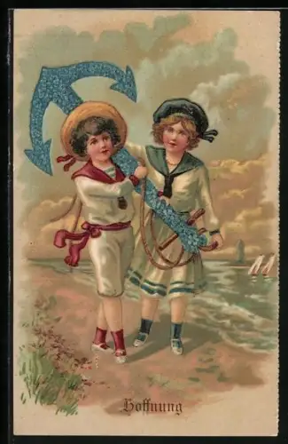AK Blumenbild, Kinder in Matrosenkleidern mit Blumenanker