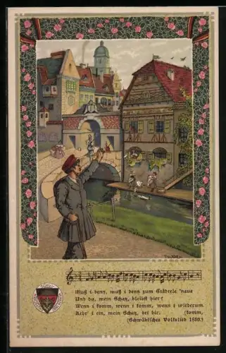 Künstler-AK T.Welzl: Wanderer verlässt winkend den Ort, Deutscher Schulverein