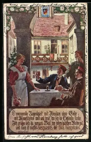 Künstler-AK Ernst Kutzer: Studenten bei der hübschen Wirtin