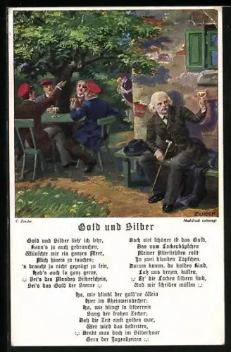 Künstler-AK Gold und Silber, Gedicht, Studentische Szene beim Wein