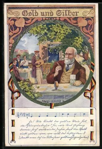 Künstler-AK Ezel: Lied Gold & Silber, Geschäftsmann ist von Geselligkeit der Studenten beeindruckt