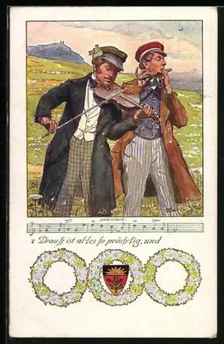 Künstler-AK Karl Friedrich Gsur, Deutscher Schulverein NR 107: Zwei Musikanten mit Violine und Querflöte, Liedzeile