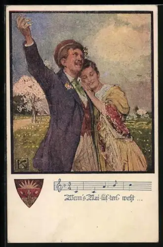 Künstler-AK Karl Friedrich Gsur, Deutscher Schulverein NR 1069: Wenn`s Mai-Lüfterl weht..., Student und Mädel