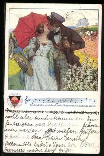 Künstler-AK Karl Friedrich Gsur, Deutscher Schulverein NR 20: Küssendes Paar auf dem Feld, Liedzeile, Wappen