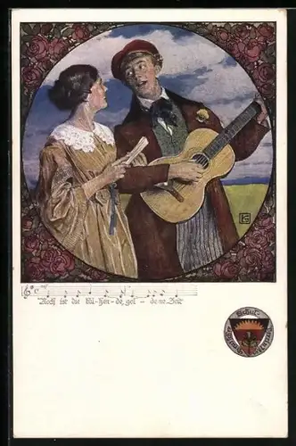 Künstler-AK Karl Friedrich Gsur: Deutscher Schulverein Nr. 459: Noch ist die blühende, goldene Zeit, Bursche mit Gitarre