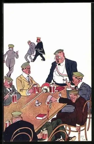 Künstler-AK Studenten beim Biertrinken am Stammtisch, Studentenverbindung