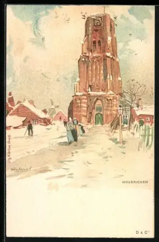 Künstler-AK Henri Cassiers: Woudrichem, Turm und Häuser mit Menschen im Winter