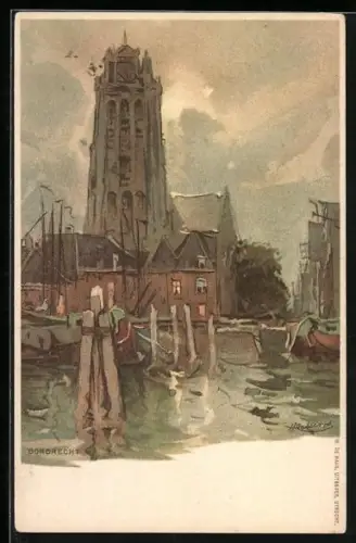 Künstler-AK Henri Cassiers: Dordrecht, Uferpartie mit Kirchturm